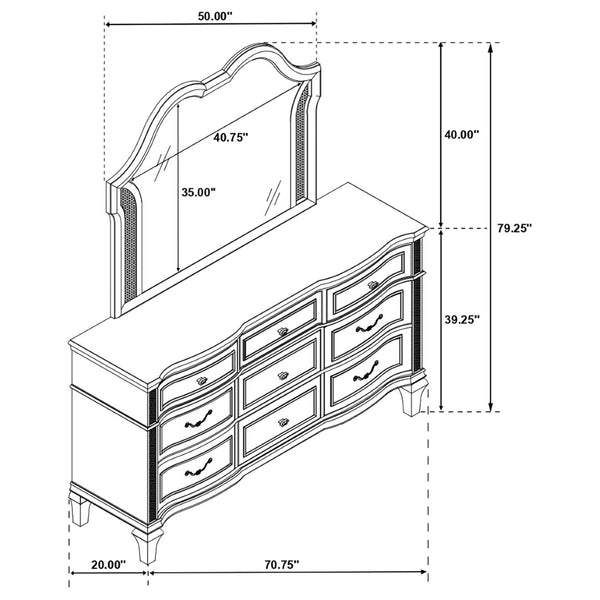 English Elm Colwood Nine Drawer Dresser with Beveled Mirror Silver Oak Glam Bedroom Storage B062S02077