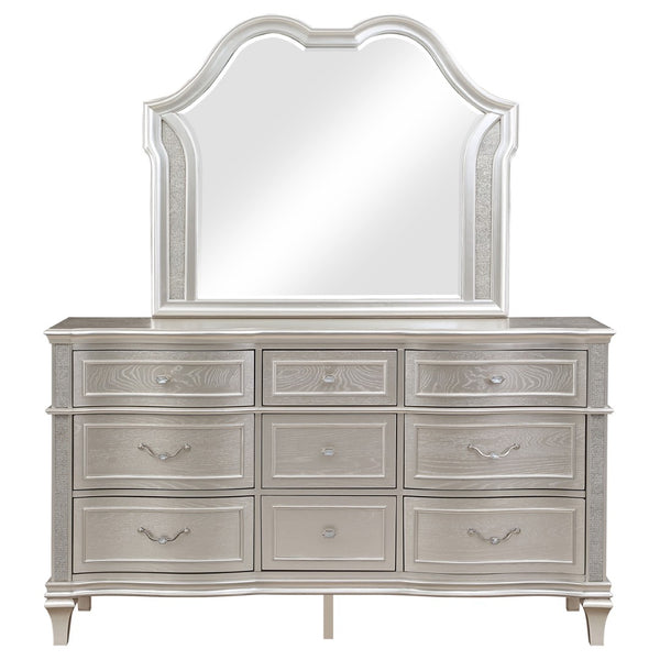 English Elm Colwood Nine Drawer Dresser with Beveled Mirror Silver Oak Glam Bedroom Storage B062S02077