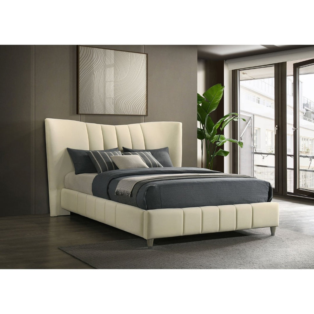 English Elm Michelson Ivory Velvet Queen Bed Channel Tufted Headboard with Polished Gold Legs B062S02078