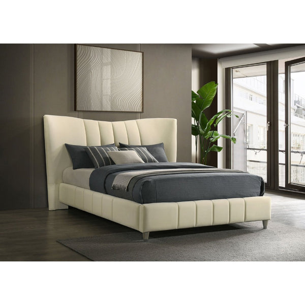 English Elm Michelson Ivory Velvet Queen Bed Channel Tufted Headboard with Polished Gold Legs B062S02078