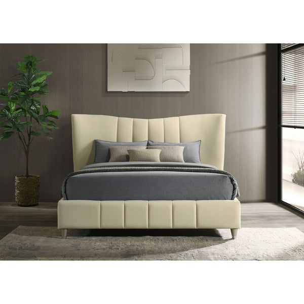 English Elm Michelson Ivory Velvet Queen Bed Channel Tufted Headboard with Polished Gold Legs B062S02078