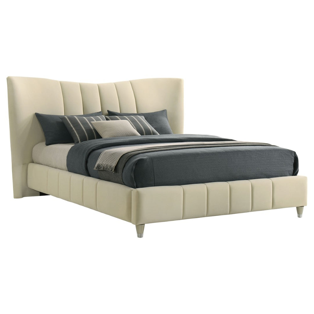 English Elm Michelson Ivory Velvet Queen Bed Channel Tufted Headboard with Polished Gold Legs B062S02078