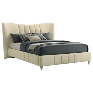 English Elm Michelson Ivory Velvet Queen Bed Channel Tufted Headboard with Polished Gold Legs B062S02078