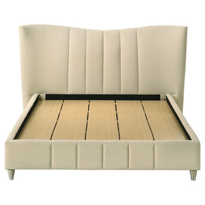 English Elm Michelson Ivory Velvet Queen Bed Channel Tufted Headboard with Polished Gold Legs B062S02078