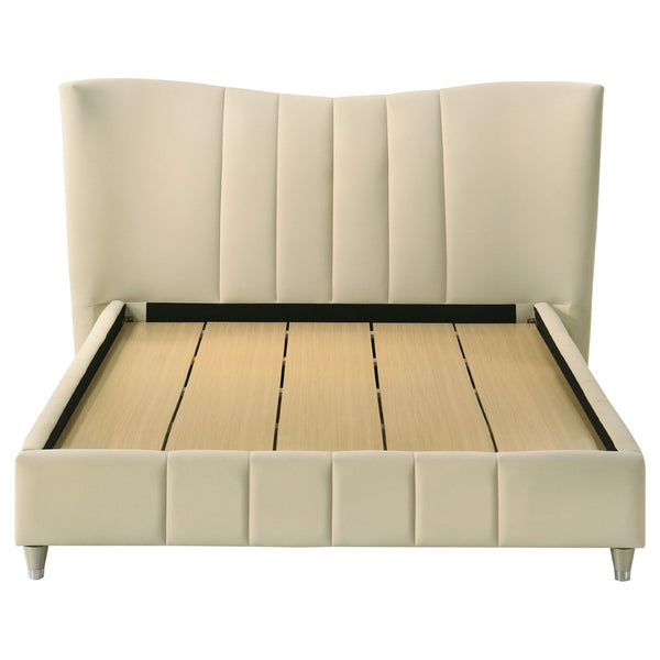 English Elm Michelson Ivory Velvet Queen Bed Channel Tufted Headboard with Polished Gold Legs B062S02078