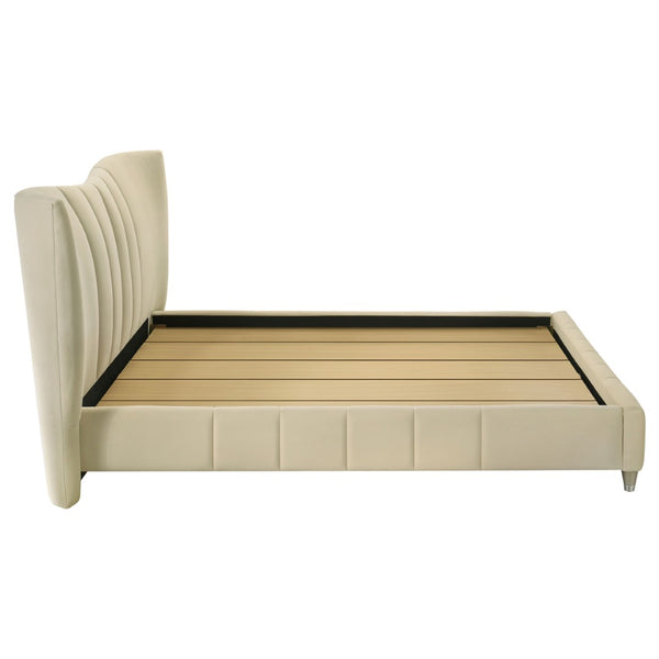 English Elm Michelson Ivory Velvet Queen Bed Channel Tufted Headboard with Polished Gold Legs B062S02078