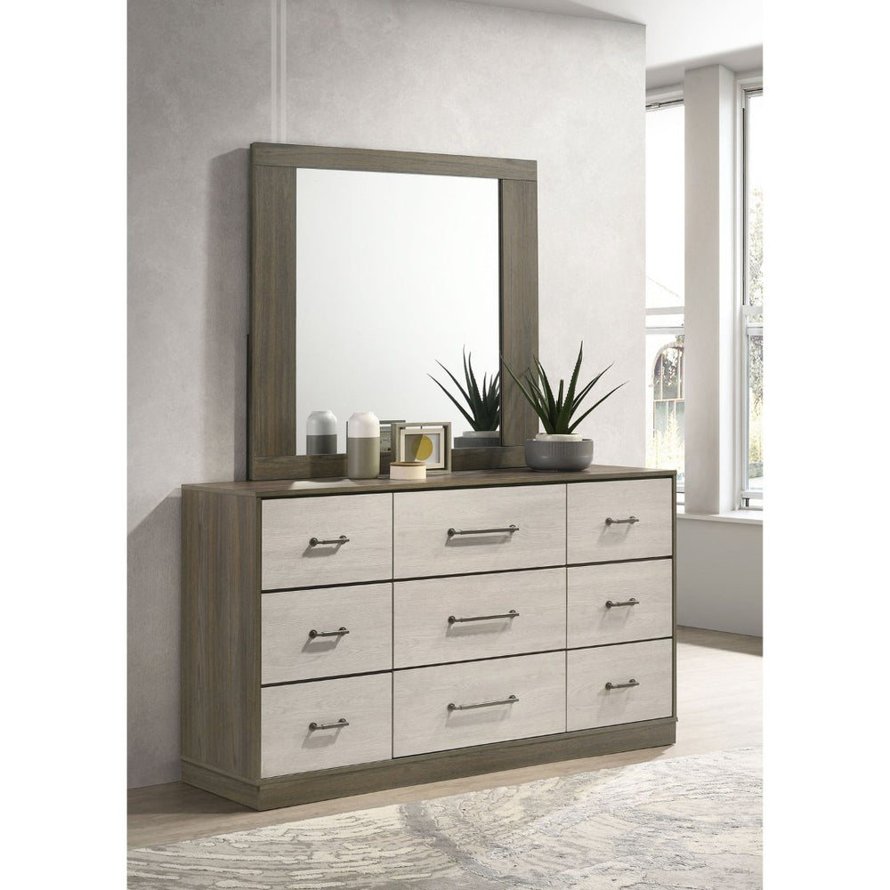 English Elm Edmondson Nine Drawer Dresser with Mirror Two Tone Oak Finish Modern Bedroom Storage B062S02083
