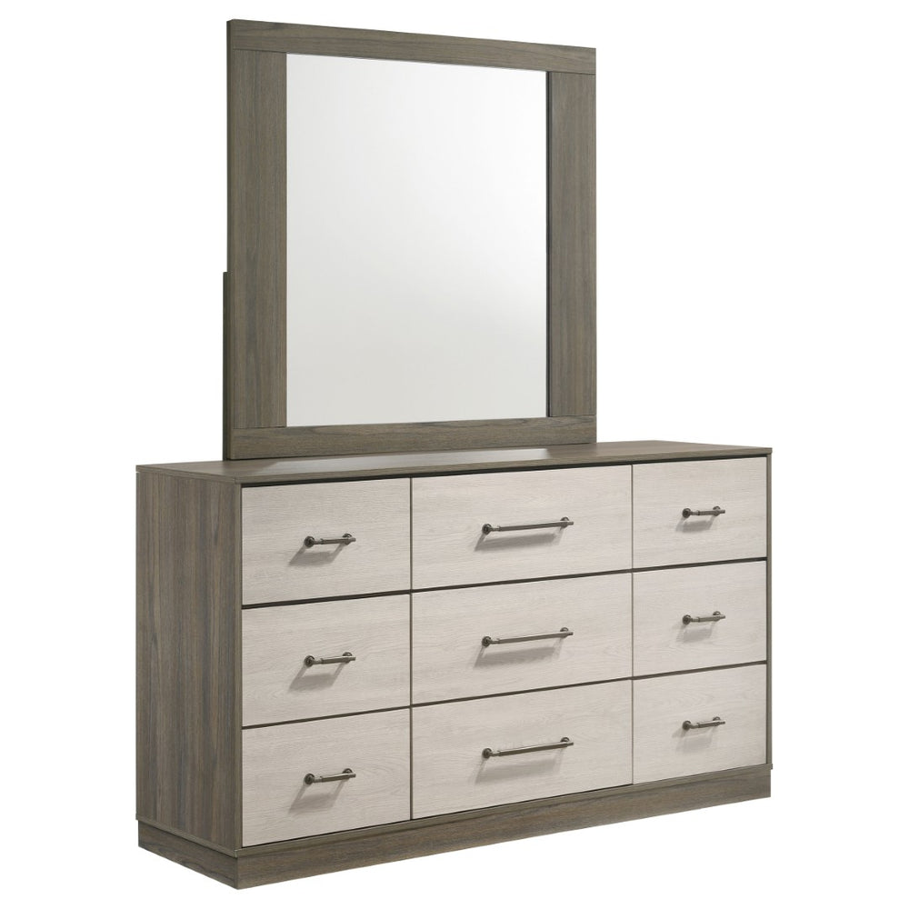 English Elm Edmondson Nine Drawer Dresser with Mirror Two Tone Oak Finish Modern Bedroom Storage B062S02083