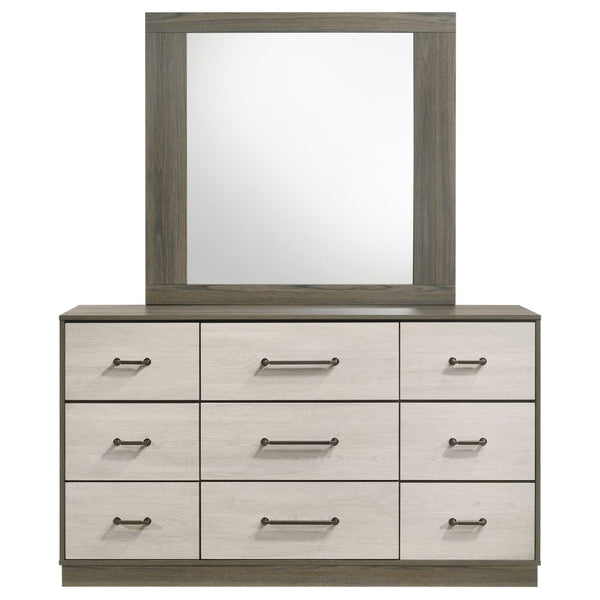 English Elm Edmondson Nine Drawer Dresser with Mirror Two Tone Oak Finish Modern Bedroom Storage B062S02083