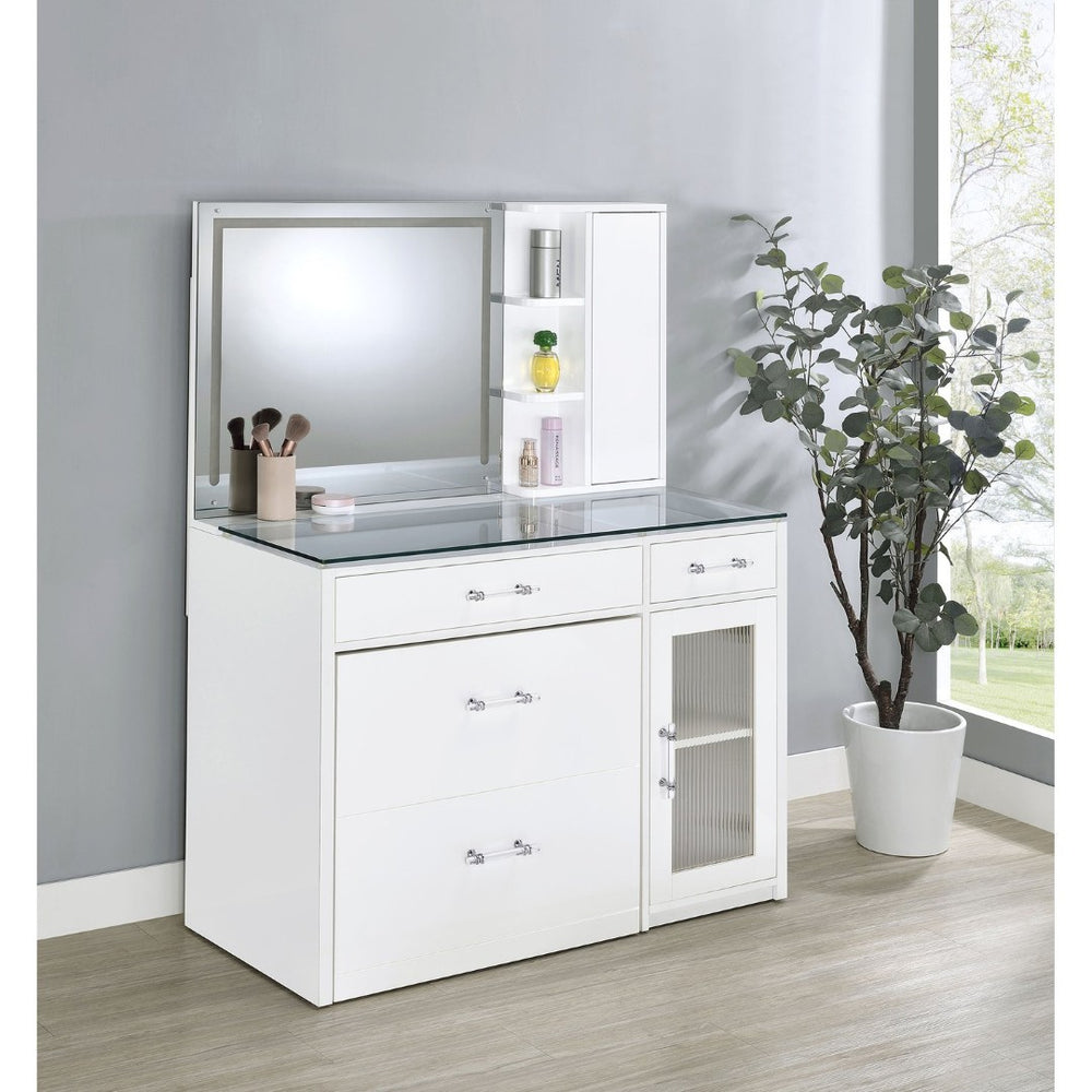 English Elm Kerr Gloss White Vanity Desk with LED Mirror Fluted Cabinet and Upholstered Stool B062S02084