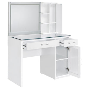 English Elm Kerr Gloss White Vanity Desk with LED Mirror Fluted Cabinet and Upholstered Stool B062S02084