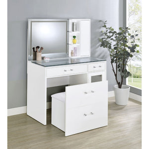English Elm Kerr Gloss White Vanity Desk with LED Mirror Fluted Cabinet and Upholstered Stool B062S02084