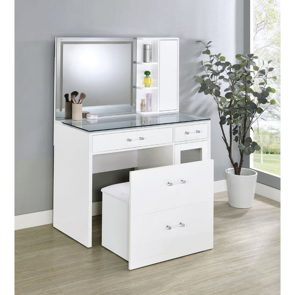 English Elm Kerr Gloss White Vanity Desk with LED Mirror Fluted Cabinet and Upholstered Stool B062S02084