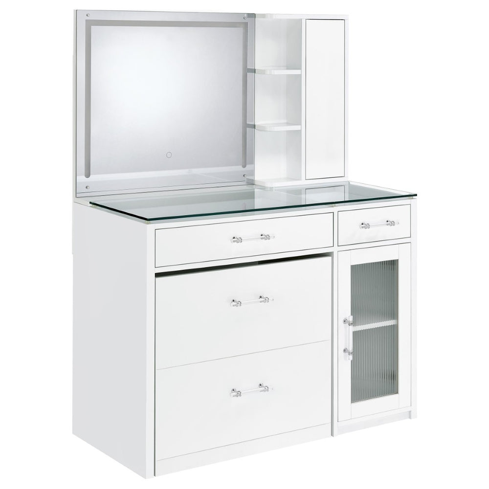 English Elm Kerr Gloss White Vanity Desk with LED Mirror Fluted Cabinet and Upholstered Stool B062S02084