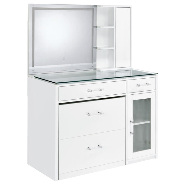 English Elm Kerr Gloss White Vanity Desk with LED Mirror Fluted Cabinet and Upholstered Stool B062S02084