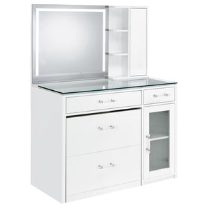 English Elm Kerr Gloss White Vanity Desk with LED Mirror Fluted Cabinet and Upholstered Stool B062S02084