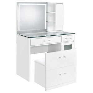 English Elm Kerr Gloss White Vanity Desk with LED Mirror Fluted Cabinet and Upholstered Stool B062S02084