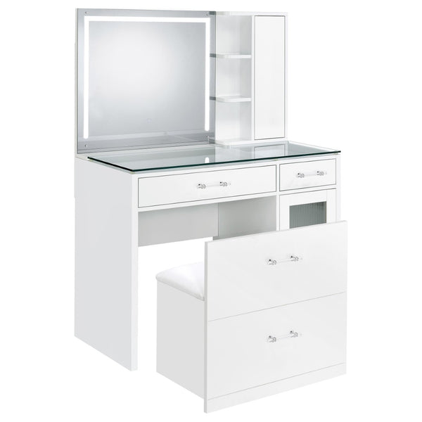 English Elm Kerr Gloss White Vanity Desk with LED Mirror Fluted Cabinet and Upholstered Stool B062S02084