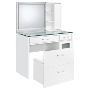 English Elm Kerr Gloss White Vanity Desk with LED Mirror Fluted Cabinet and Upholstered Stool B062S02084