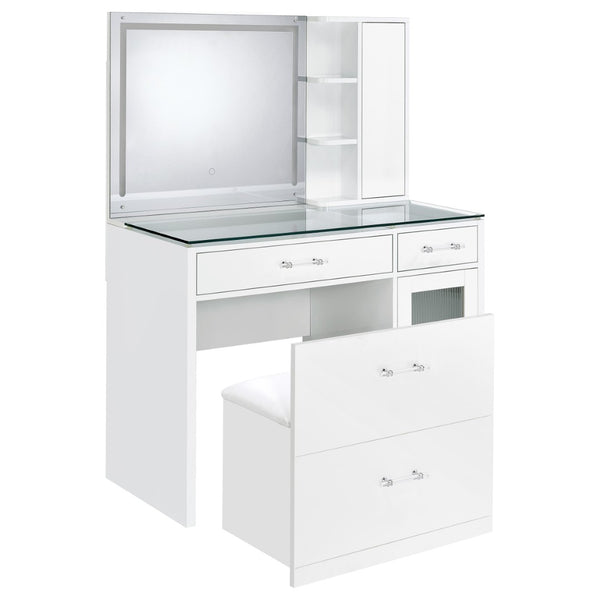 English Elm Kerr Gloss White Vanity Desk with LED Mirror Fluted Cabinet and Upholstered Stool B062S02084
