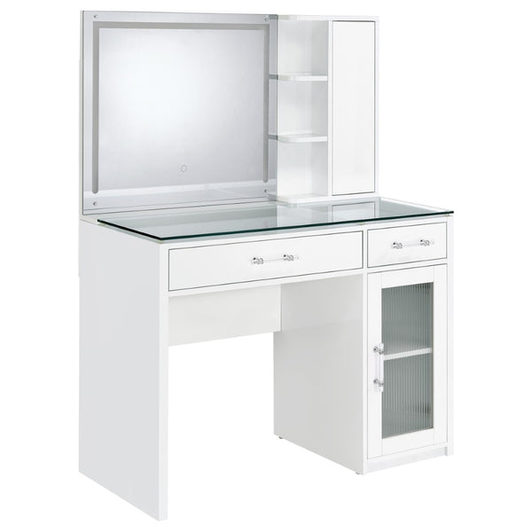 English Elm Kerr Gloss White Vanity Desk with LED Mirror Fluted Cabinet and Upholstered Stool B062S02084