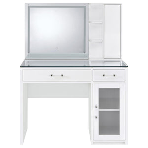 English Elm Kerr Gloss White Vanity Desk with LED Mirror Fluted Cabinet and Upholstered Stool B062S02084