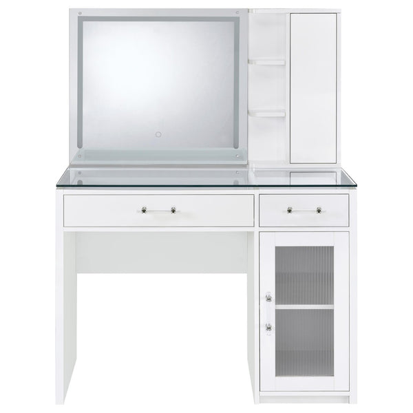 English Elm Kerr Gloss White Vanity Desk with LED Mirror Fluted Cabinet and Upholstered Stool B062S02084