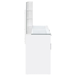 English Elm Kerr Gloss White Vanity Desk with LED Mirror Fluted Cabinet and Upholstered Stool B062S02084