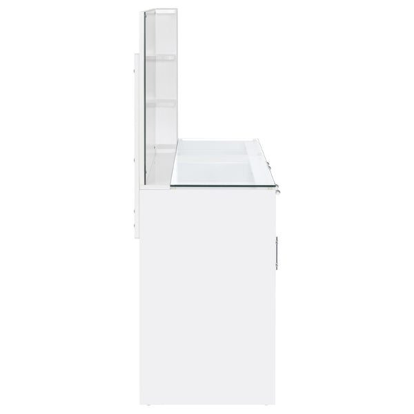 English Elm Kerr Gloss White Vanity Desk with LED Mirror Fluted Cabinet and Upholstered Stool B062S02084