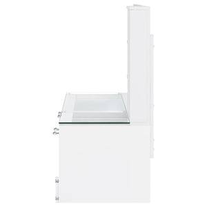English Elm Kerr Gloss White Vanity Desk with LED Mirror Fluted Cabinet and Upholstered Stool B062S02084