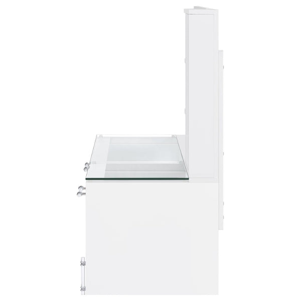 English Elm Kerr Gloss White Vanity Desk with LED Mirror Fluted Cabinet and Upholstered Stool B062S02084