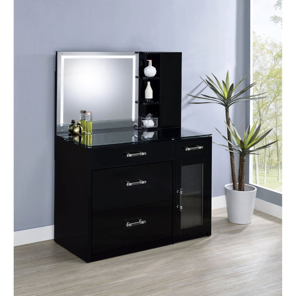 English Elm Kerr Glam Makeup Vanity Set with LED Mirror Tempered Glass Top and Upholstered Stool B062S02085