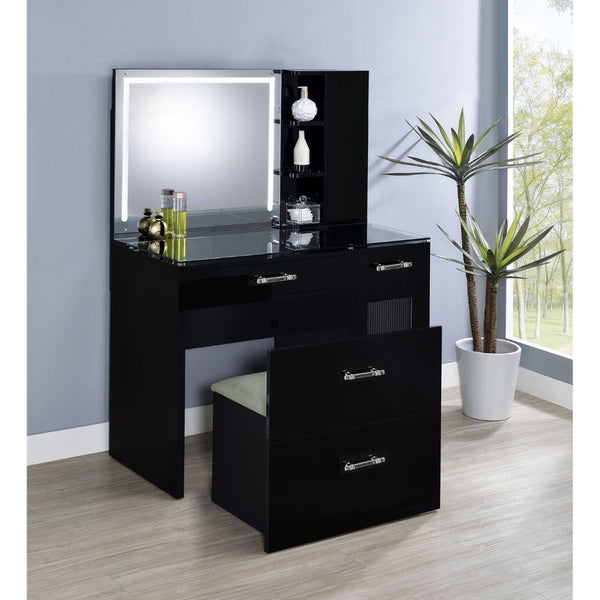 English Elm Kerr Glam Makeup Vanity Set with LED Mirror Tempered Glass Top and Upholstered Stool B062S02085