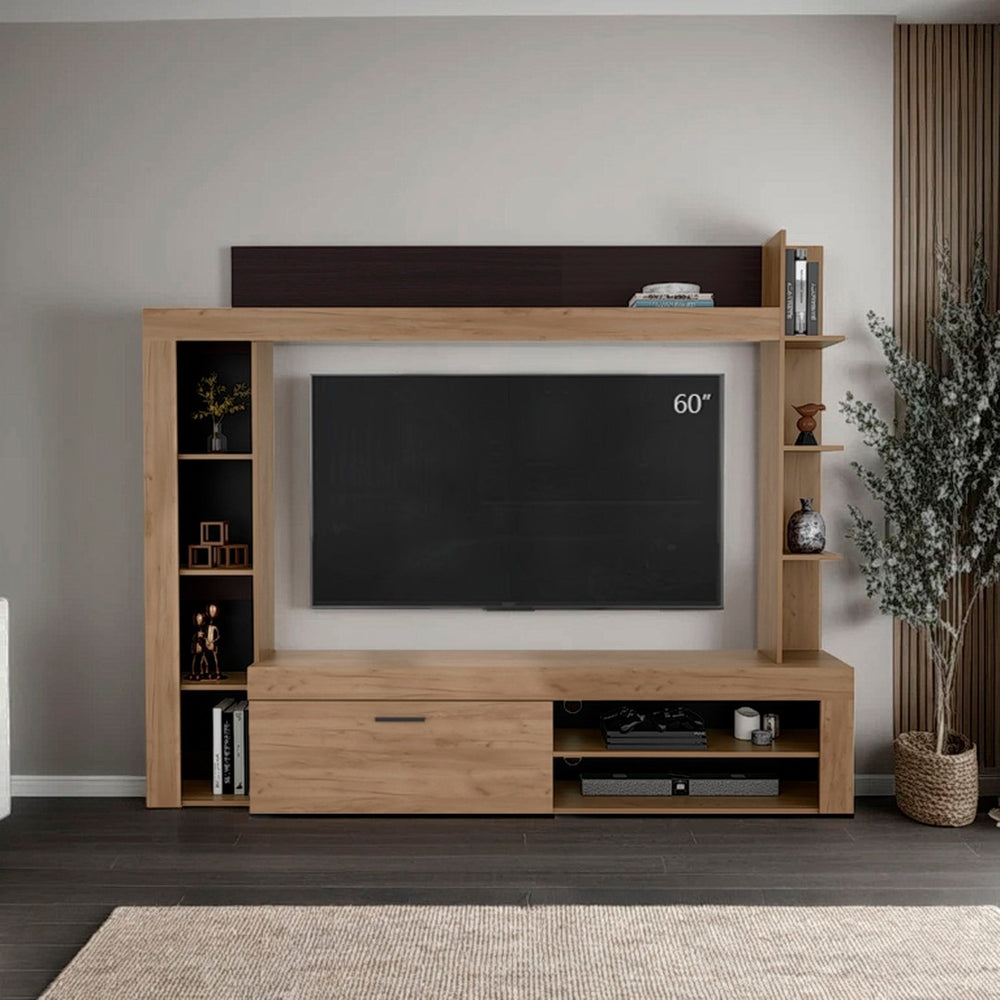 English Elm Natural Oak Entertainment Center with Open Shelves and Concealed Cabinet Storage B062S02088