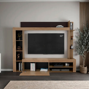 English Elm Natural Oak Entertainment Center with Open Shelves and Concealed Cabinet Storage B062S02088