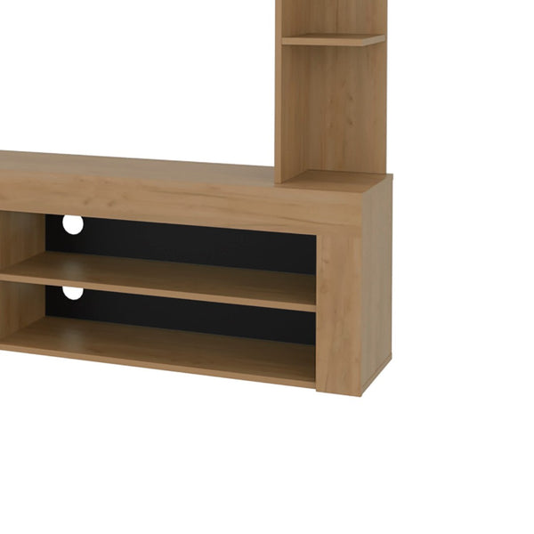 English Elm Natural Oak Entertainment Center with Open Shelves and Concealed Cabinet Storage B062S02088