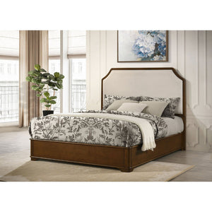 English Elm Leonide Queen Panel Bed Cherry Wood Frame Cream Upholstered Headboard Traditional B062S02100