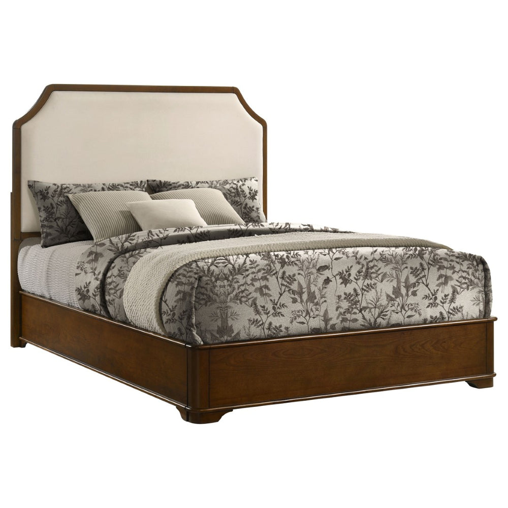 English Elm Leonide Queen Panel Bed Cherry Wood Frame Cream Upholstered Headboard Traditional B062S02100