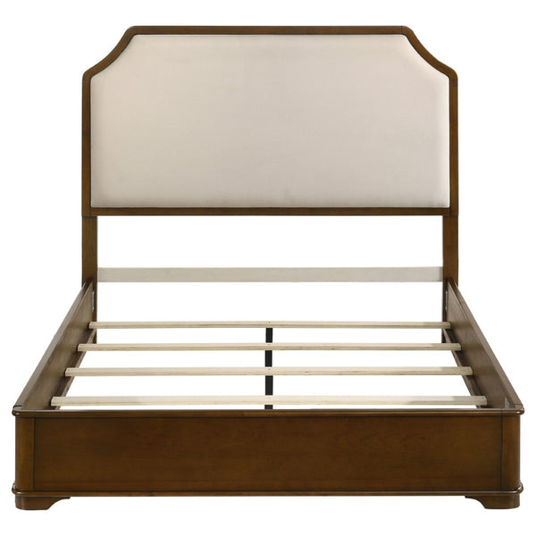 English Elm Leonide Queen Panel Bed Cherry Wood Frame Cream Upholstered Headboard Traditional B062S02100