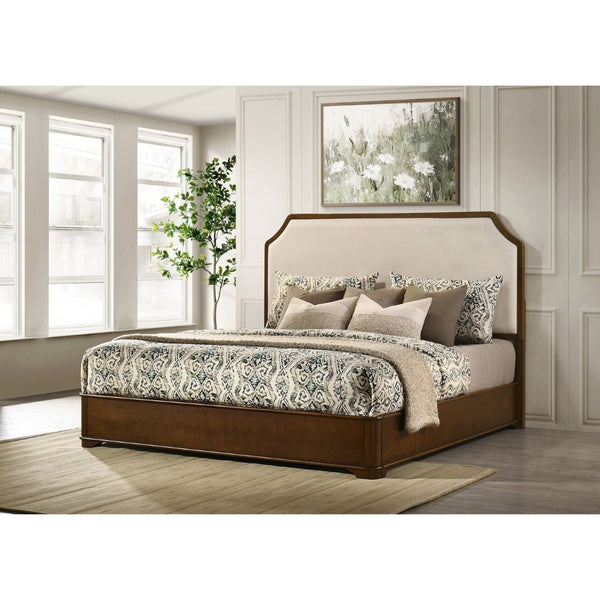 English Elm Leonide Eastern King Panel Bed Cherry Veneer Frame Cream Upholstered Headboard B062S02101