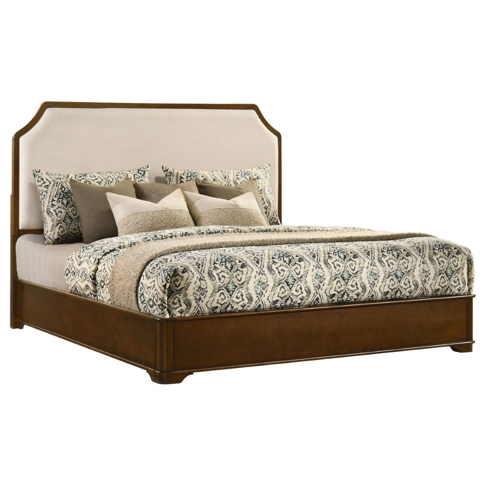 English Elm Leonide Eastern King Panel Bed Cherry Veneer Frame Cream Upholstered Headboard B062S02101