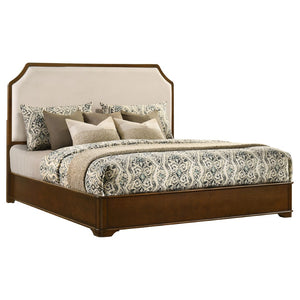 English Elm Leonide Eastern King Panel Bed Cherry Veneer Frame Cream Upholstered Headboard B062S02101