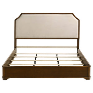 English Elm Leonide Eastern King Panel Bed Cherry Veneer Frame Cream Upholstered Headboard B062S02101