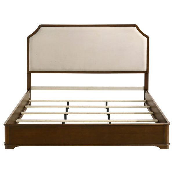 English Elm Leonide Eastern King Panel Bed Cherry Veneer Frame Cream Upholstered Headboard B062S02101