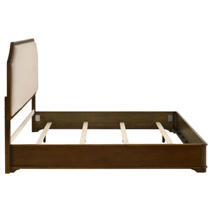 English Elm Leonide Eastern King Panel Bed Cherry Veneer Frame Cream Upholstered Headboard B062S02101