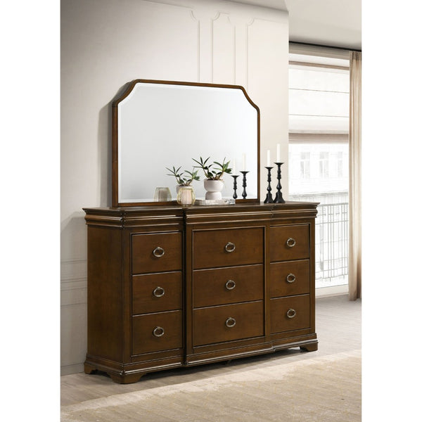 English Elm Leonide Nine Drawer Dresser with Mirror Louis Philippe Brown Cherry Bedroom B062S02102