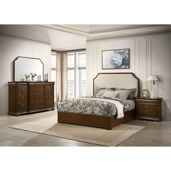English Elm Leonide Queen Bedroom Set Louis Philippe Upholstered Headboard Cherry Veneer Four Piece B062S02103