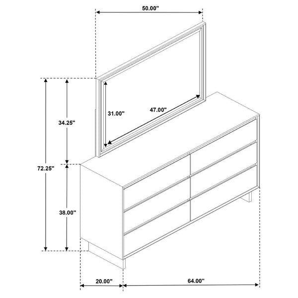 English Elm Hemlock Six Drawer Dresser with Beveled Mirror Rubberwood Bedroom Storage Suite B062S02108