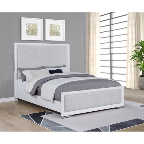 English Elm Robinson Upholstered Panel Queen Bed White Frame with Grey Fabric Inset Headboard B062S02109