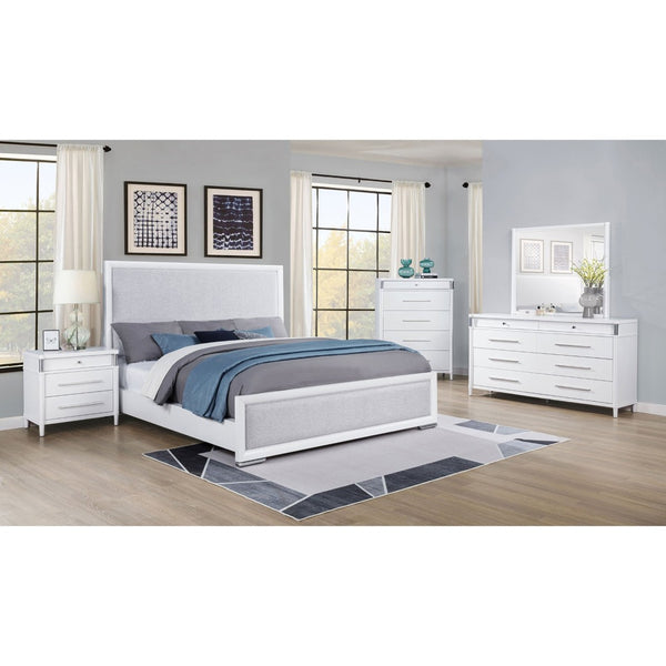 English Elm Robinson Upholstered Panel Queen Bed White Frame with Grey Fabric Inset Headboard B062S02109